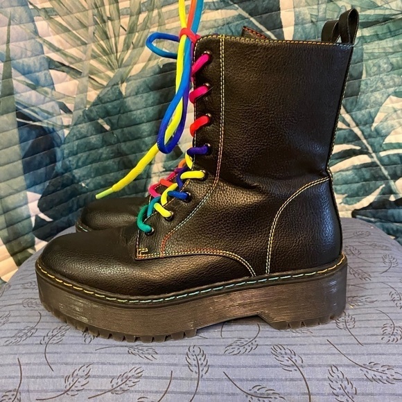 Union Bay black faux leather with rainbow stitching platform combat boots 7.5 - Picture 3 of 7
